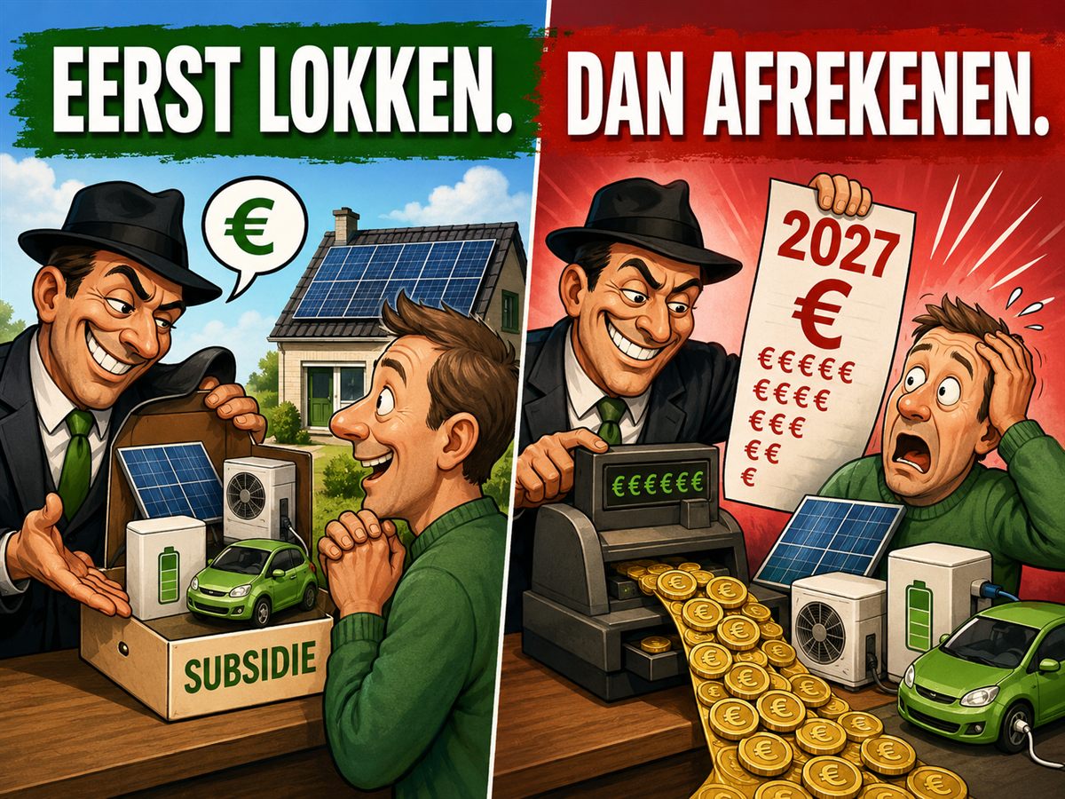 Striptekening in twee delen: links overhandigt een lachende verkoper met hoed een doos subsidie met zonnepaneel, warmtepomp, thuisbatterij en elektrische auto aan een blij persoon. Rechts presenteert dezelfde verkoper in 2027 een lange rekening vol eurotekens aan dezelfde persoon, die geschrokken naar zijn hoofd grijpt.